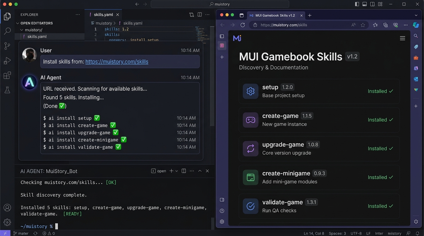 AI Agent 自动抓取 muistory.com/skills 并安装 5 大技能包