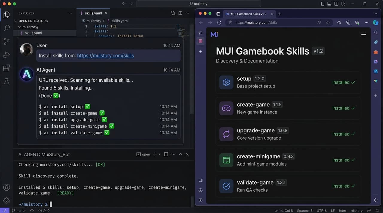 AI Agent 自动抓取 muistory.com/skills 并安装 5 大技能包