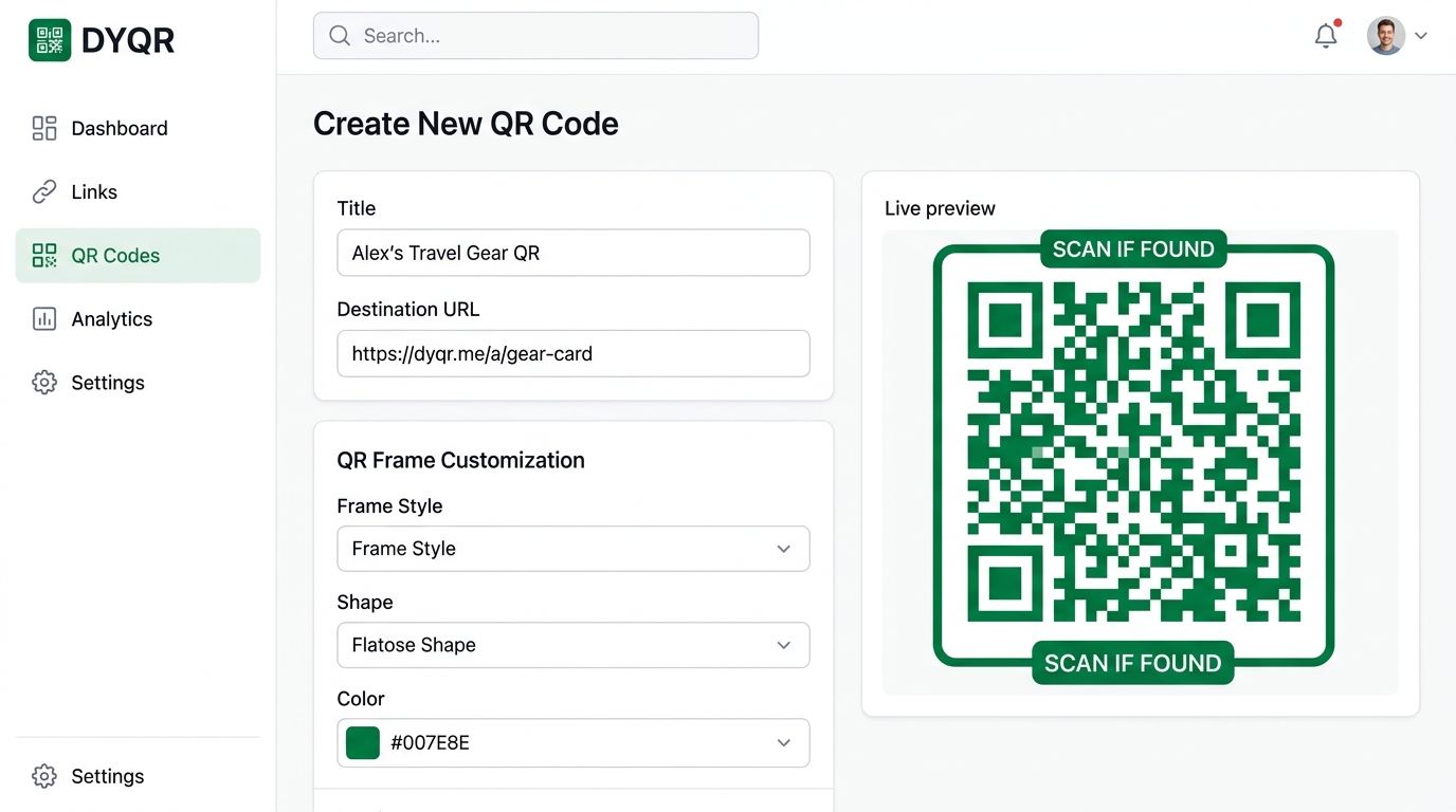 Creating a dynamic gear QR code and styling it in the DYQR dashboard