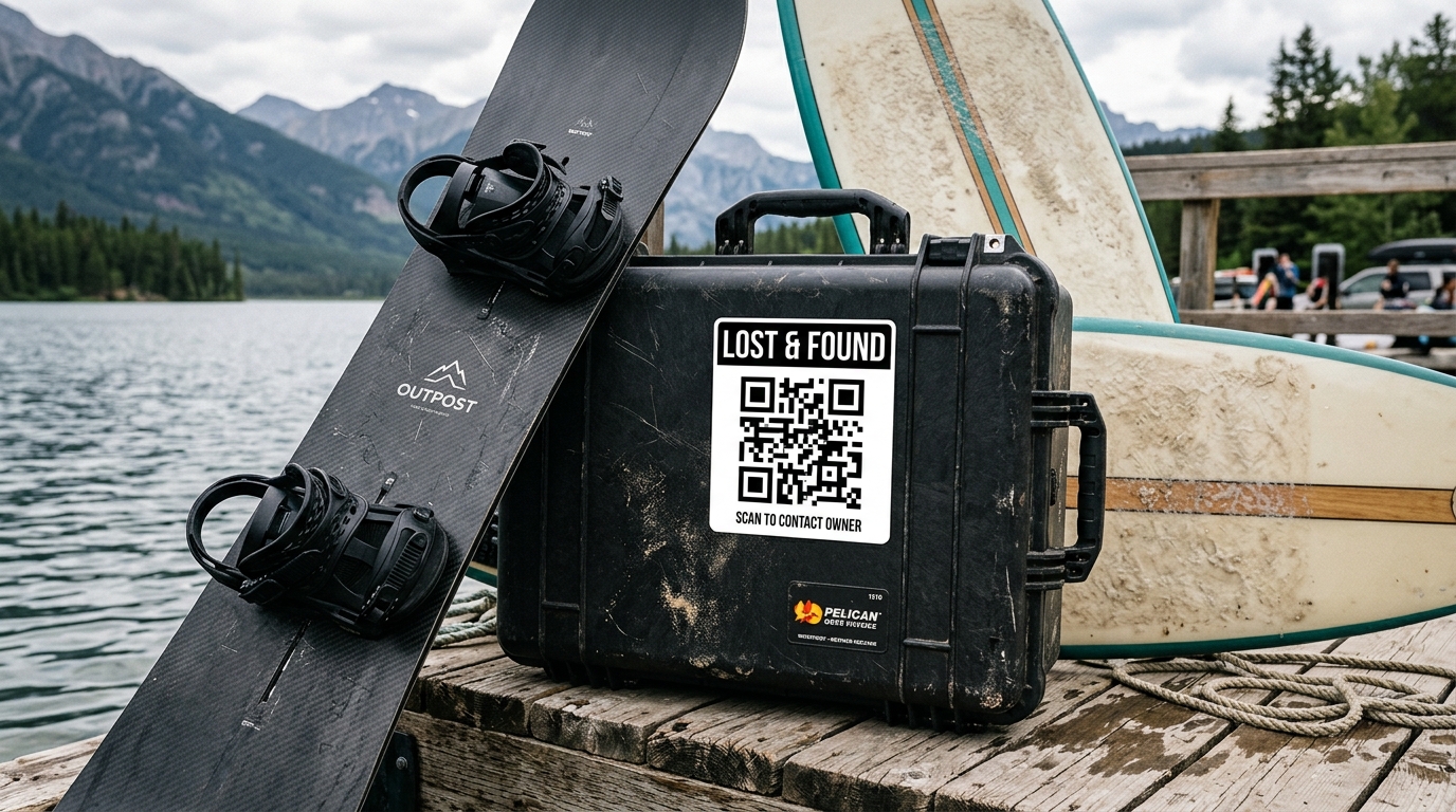 Custom waterproof QR sticker attached to a snowboard and Pelican gear case